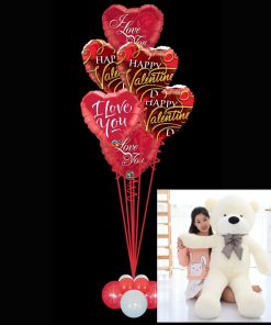 6 Valentines Foil Heart Balloons and Ex Large Teddy