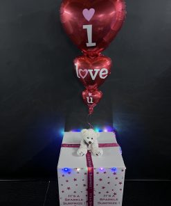 Triple foil heart balloon in a box and a teddy